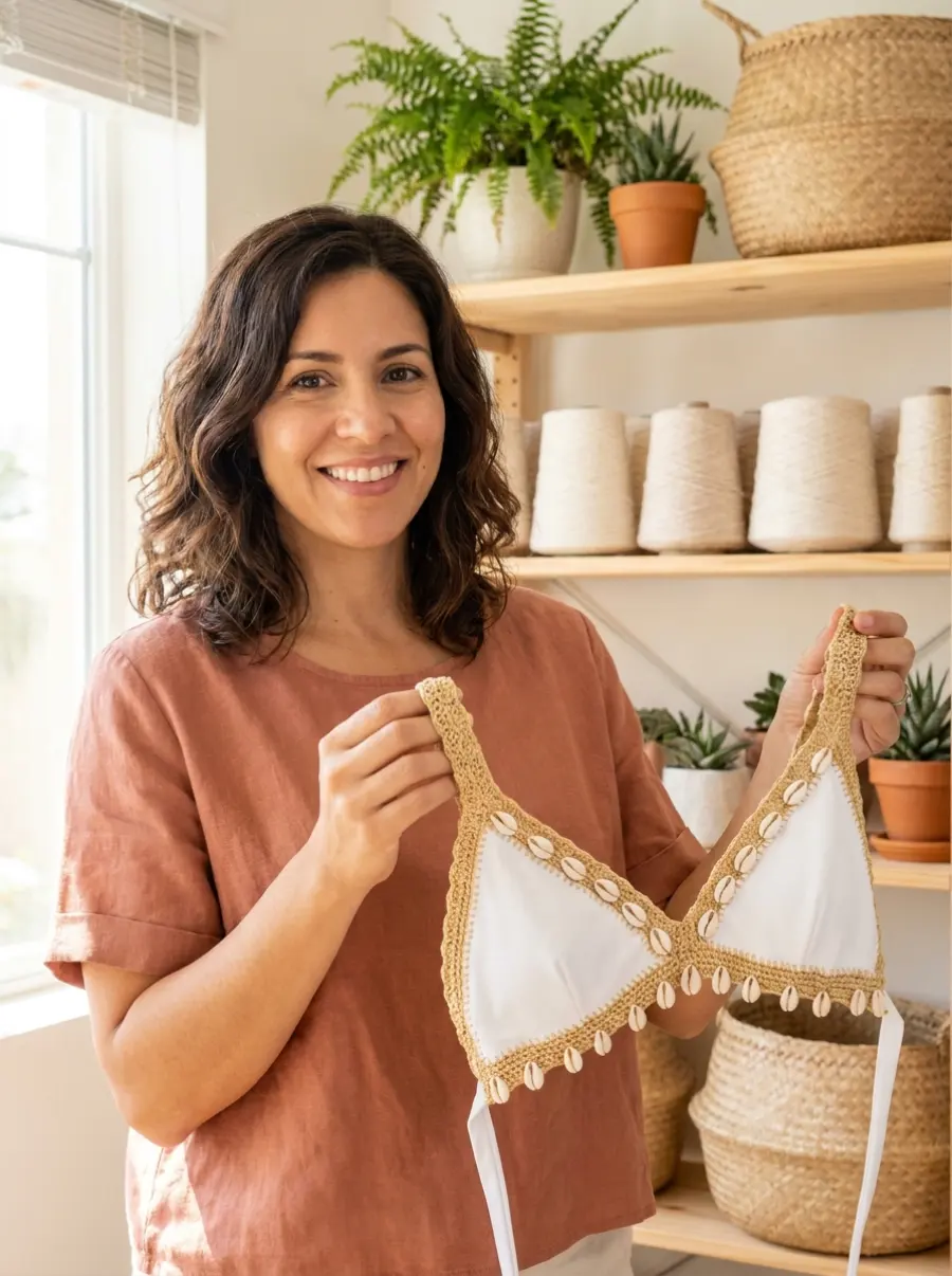 Malena Ríos con uno de sus bikinis de crochet con lycra