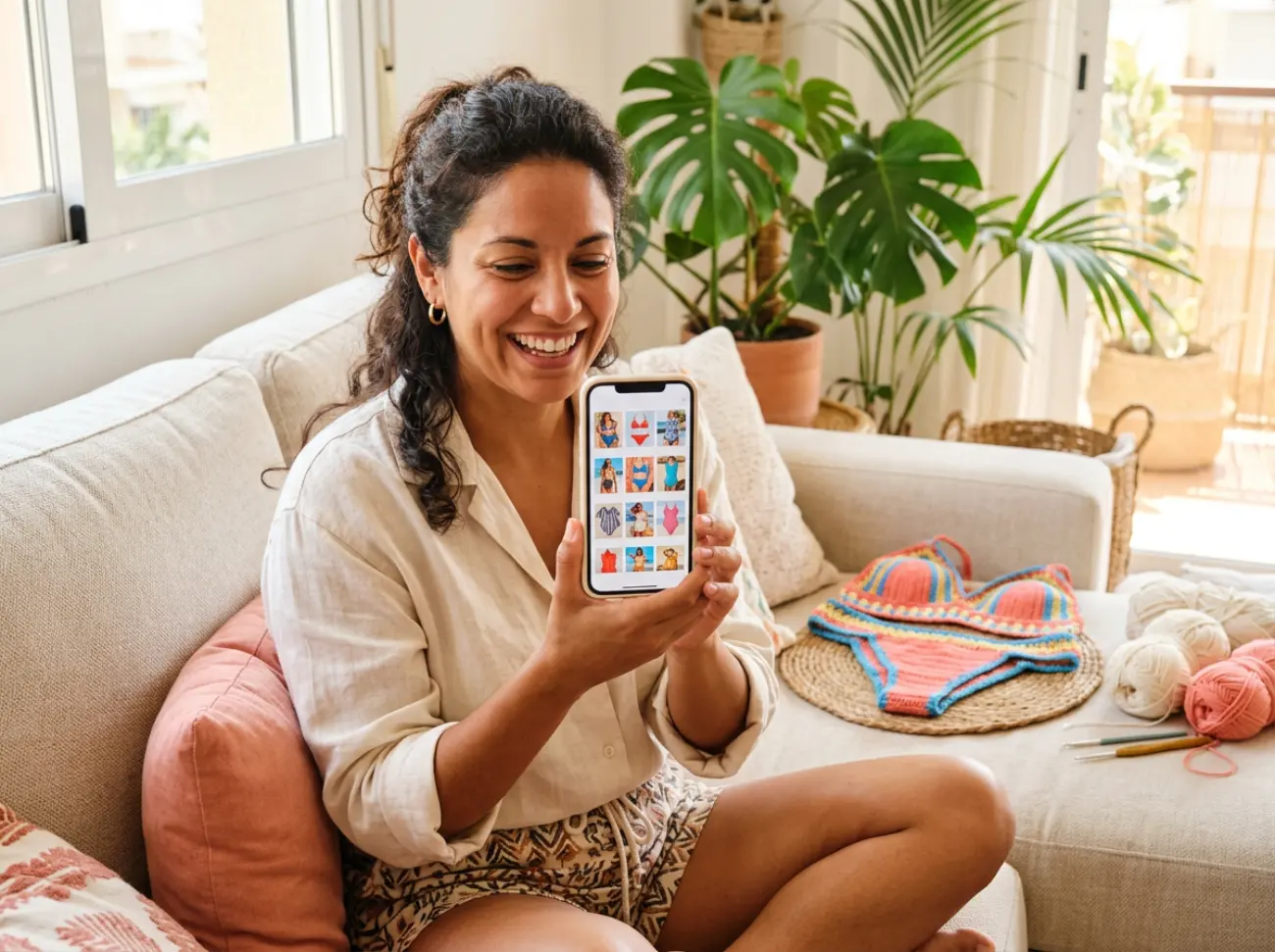 Mujer abriendo la app de bikinis de crochet en su casa